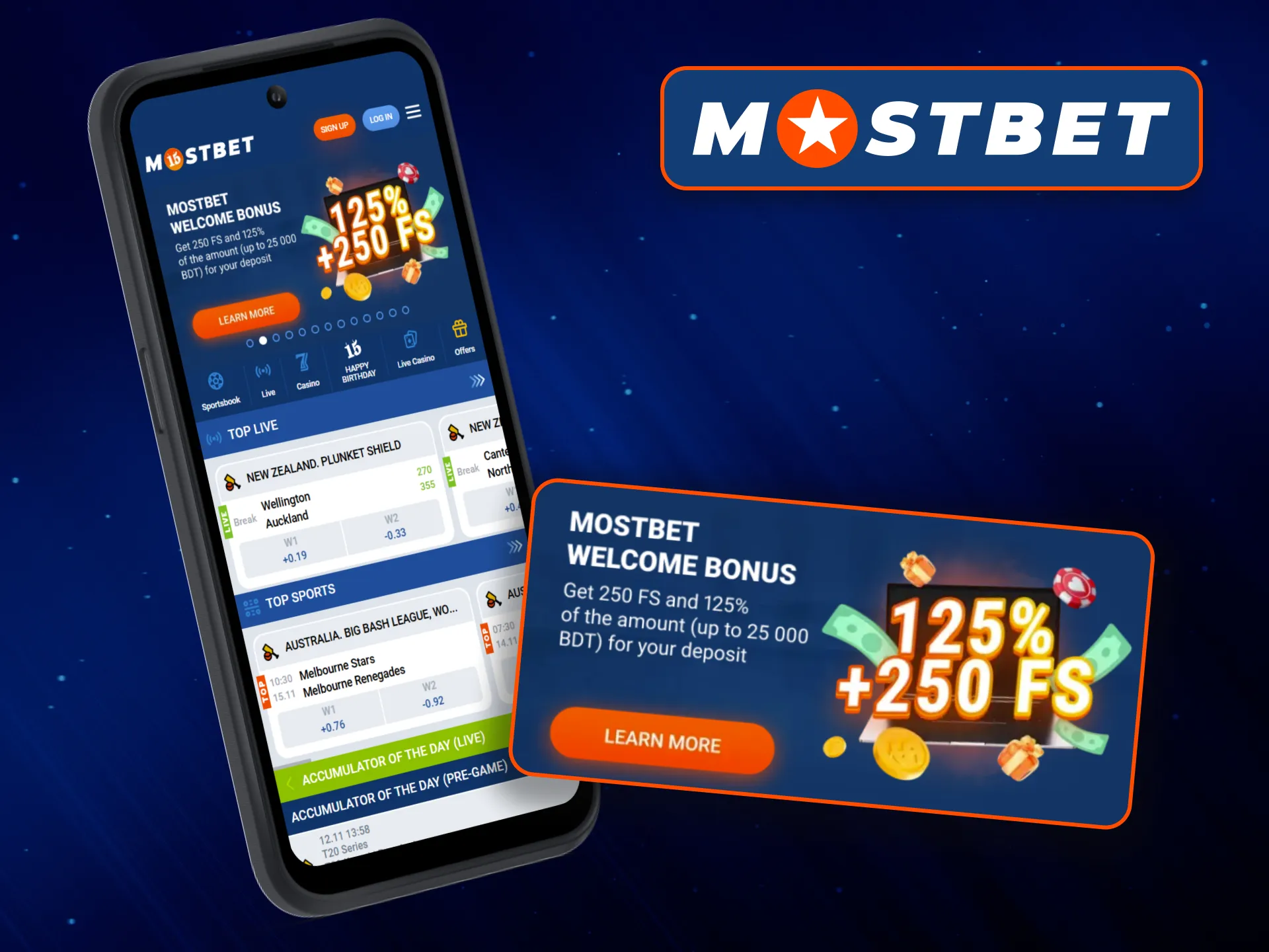 A welcome bonus in Mostbet application for new users.