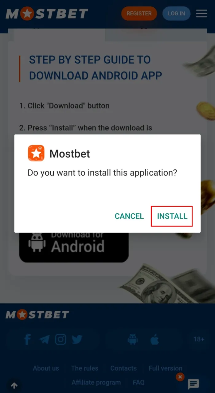 Install Mostbet app on android device.