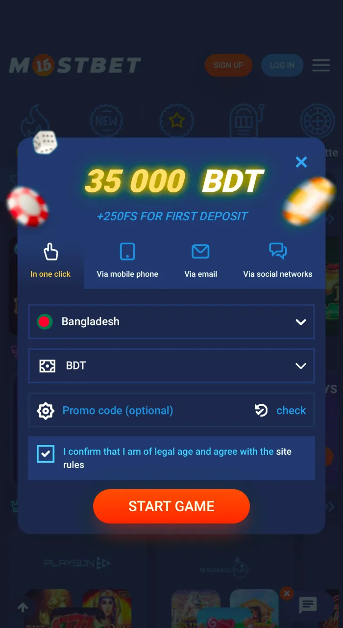 Mostbet application registration page.