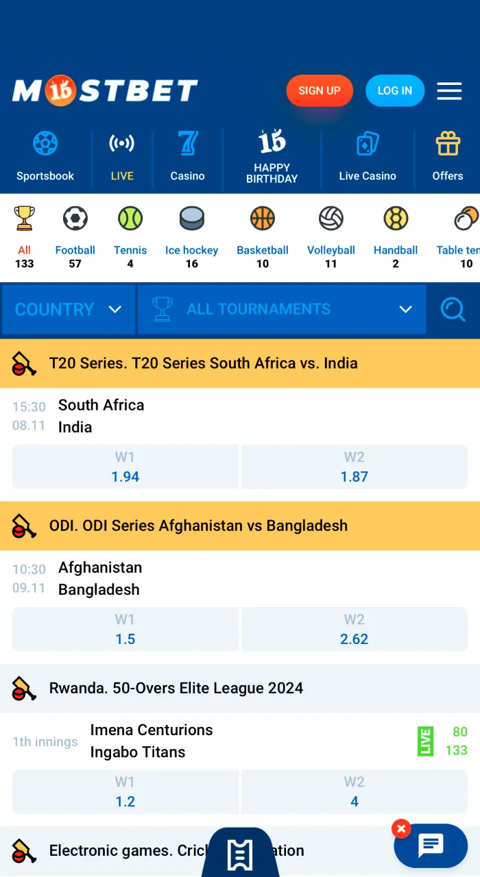 Sports betting page in the Mostbet app.