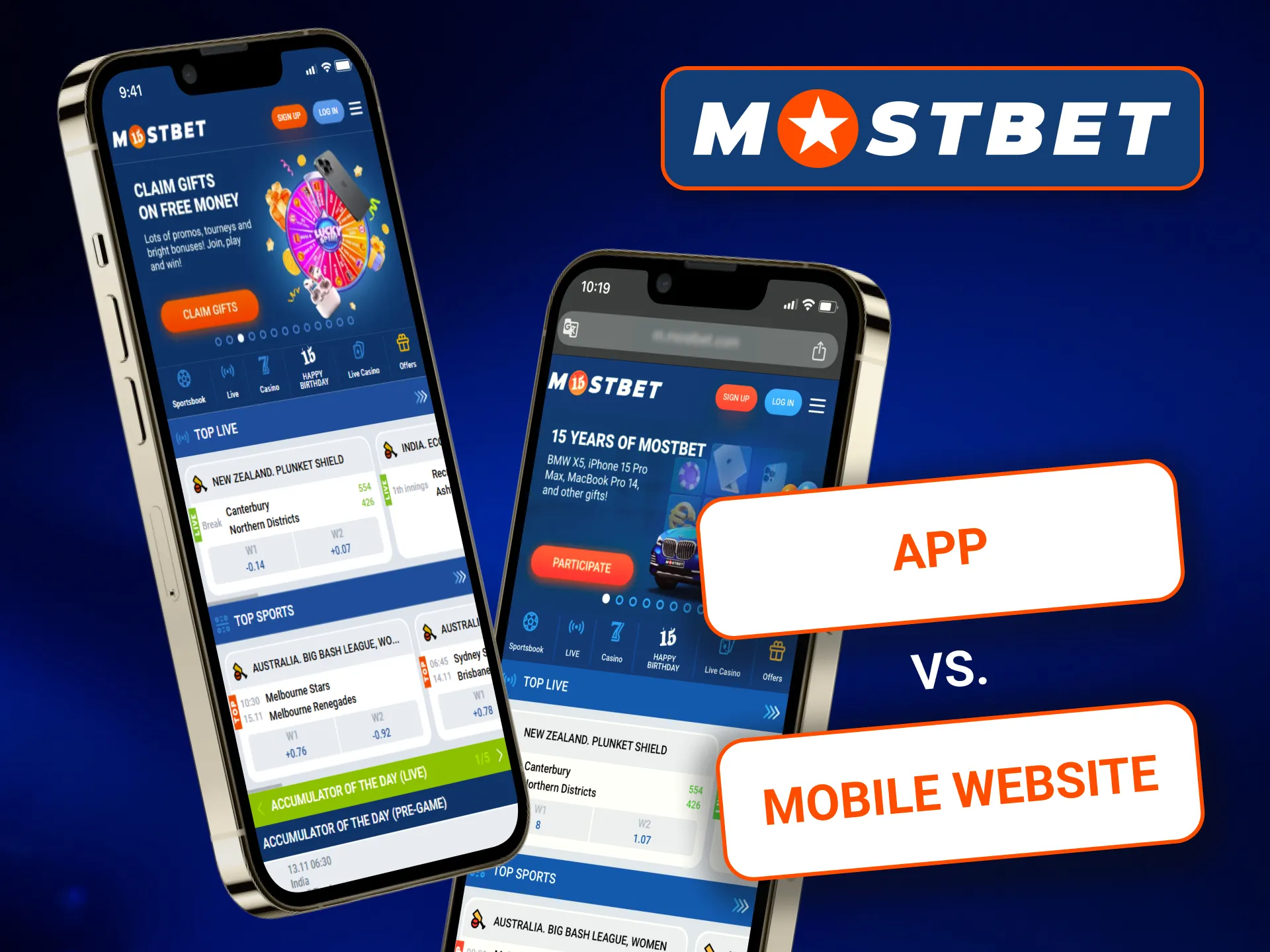 Comparison of a Mostbet mobile website and a mobile app.