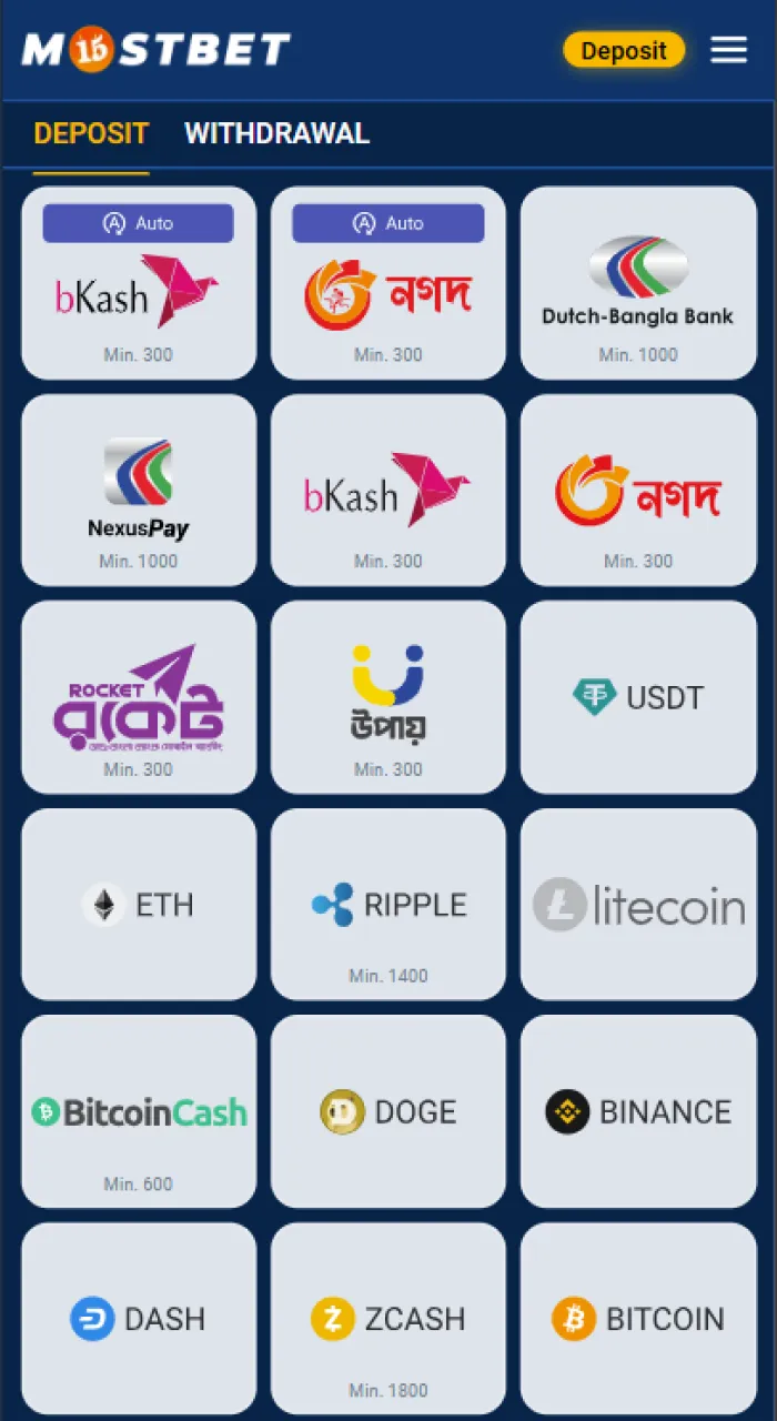 The process of depositing money into the Mostbet website.