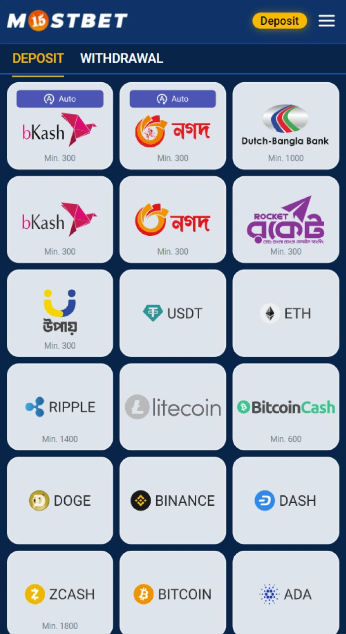 Options to make a deposit on Mostbet casino website.