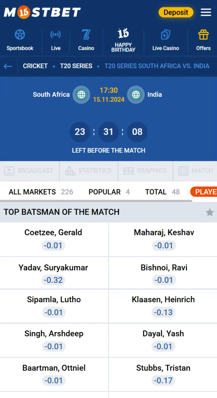 Choose from a variety of cricket betting options available on the Mostbet website.