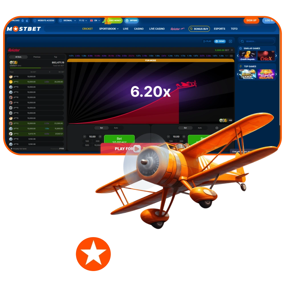 Aviator crash game at Mostbet Bangladesh.
