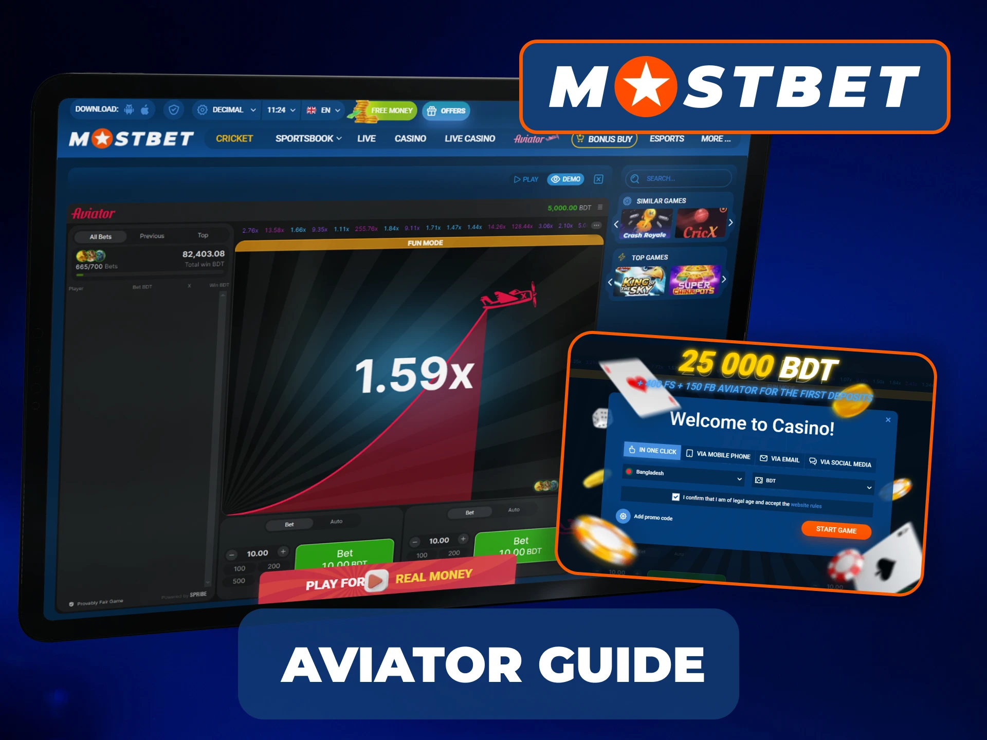 The process of starting to play Mostbet Aviator game.