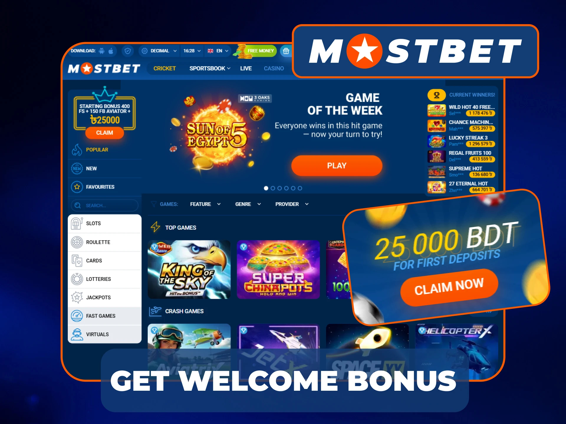 Variety of casino welcome bonuses on Mostbet site.