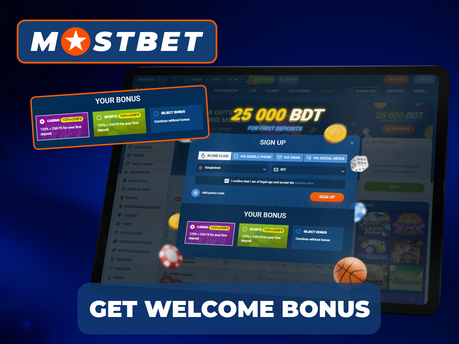 Register on Mostbet website and receive a welcome bonus.
