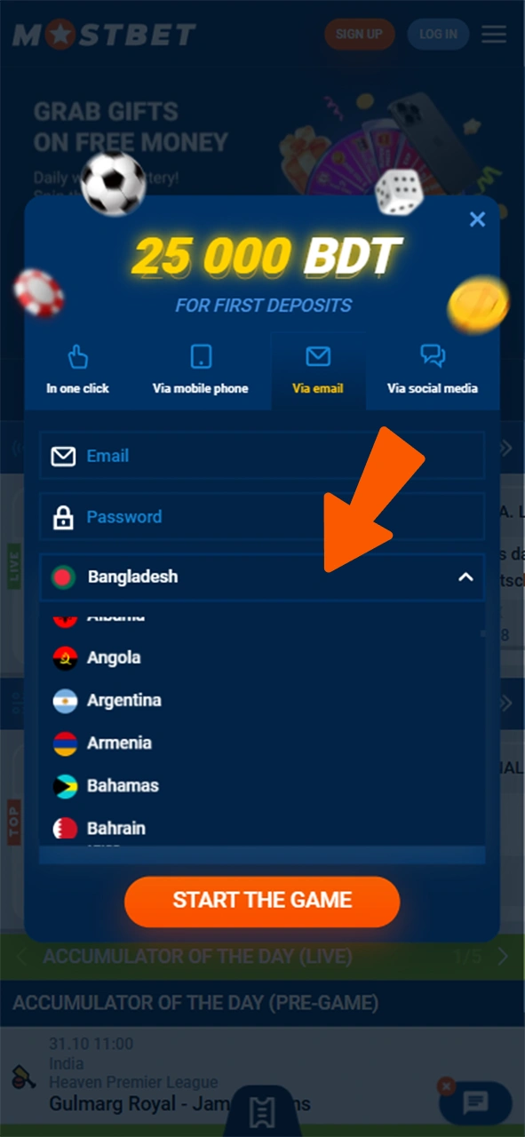 Select your country from the list at the registration form at Mostbet.